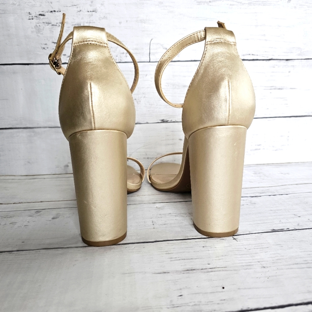 Lulus Dressy Taylor Metallic Champagne Gold Block Ankle Strap Chunky Heels - Picture 7 of 11